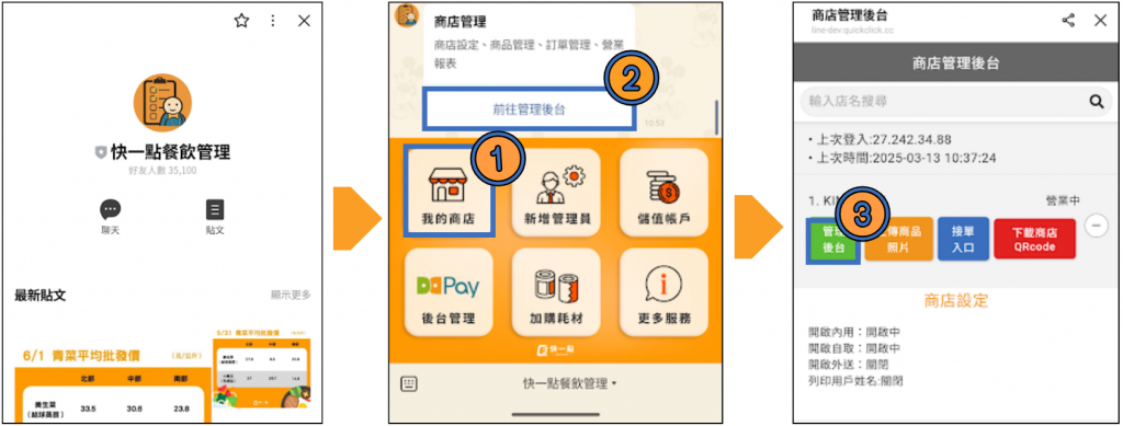 開啟「快一點餐飲管理」LINE 官方帳號→點選選單中的「我的商店」→「前往管理後台」→「管理後台」