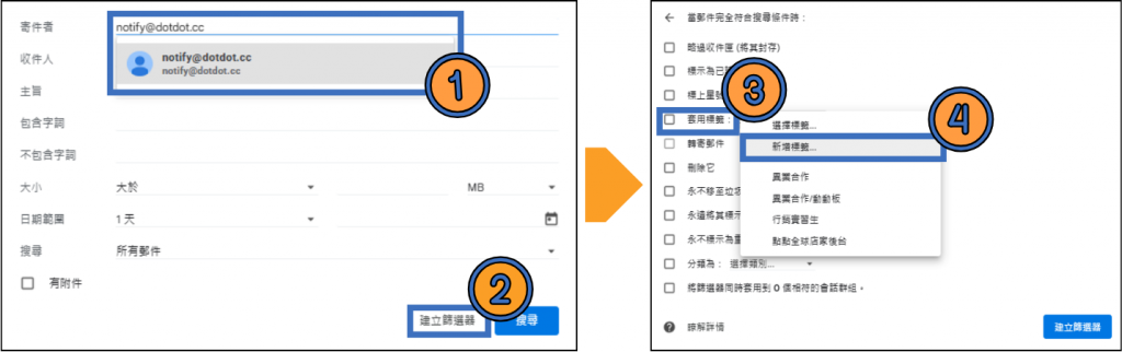 於寄件者中輸入篩選的信件帳號→「建立篩選器」→「選擇標籤」→「新增標籤」